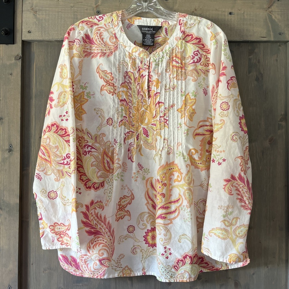 George Silk Blend Boho Top Women's Size 1X Lightweight Pinky Paisley‎ Flowy